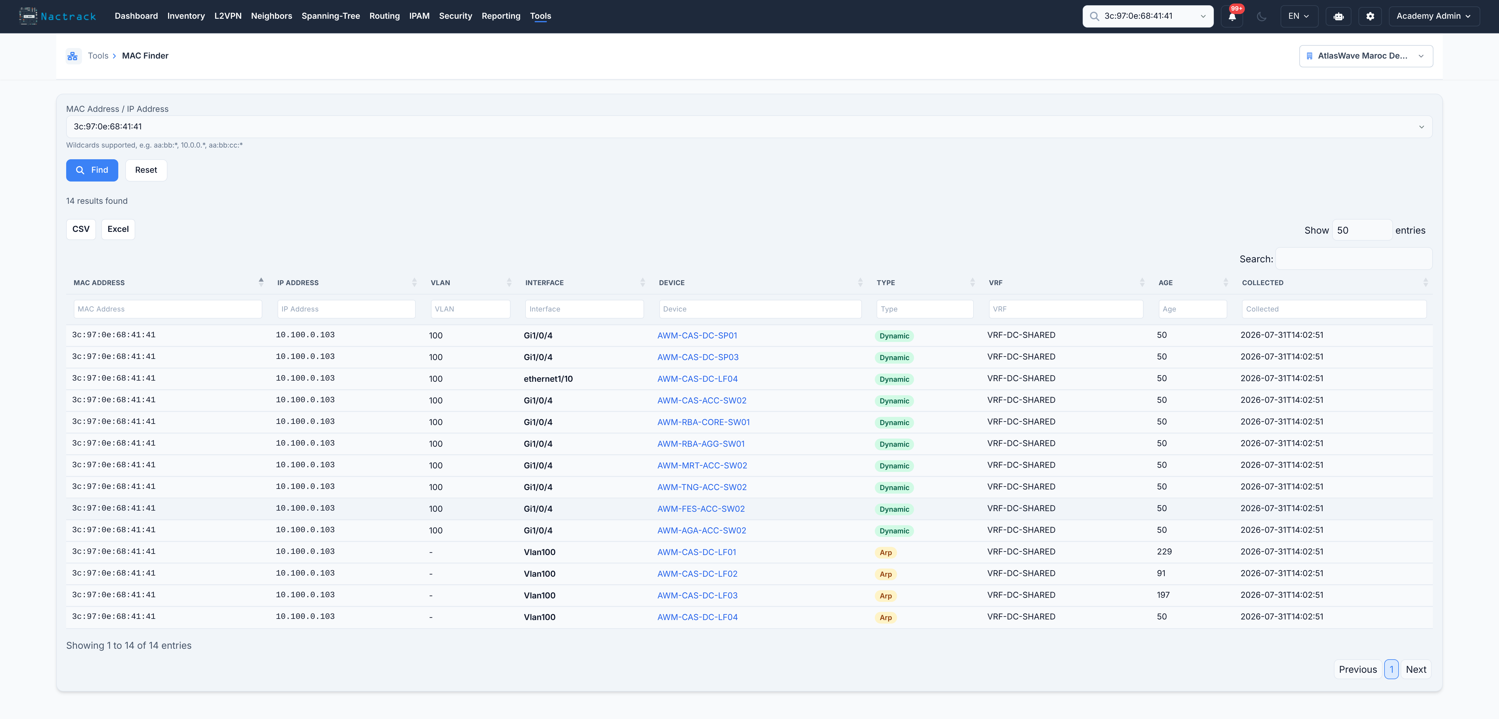 MAC Finder: every switch that learned an address, with port, VLAN and VRF.